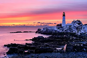 Beacon Prints: Sunrise on coast at Portland Head Lighthouse, Cape Elizabeth, Maine, USA