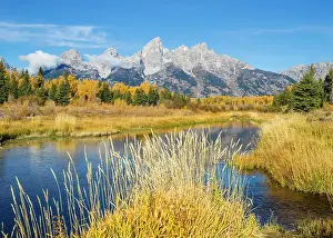Jackson Hole Prints: Sunrise early Morning at Schwabacher Landing with Grand Teton Mountain Range in Autumn