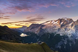 Snowy Peaks Prints: Sunrise on Fedaia Lake. Europe, Italy, Trentino Alto Adige, South Tyrol, Canazei