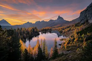 Federa Lake Prints: Sunrise at Federa Lake with autumnal colors; Cortina d'Ampezzo