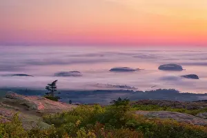 Sunrise and fog from Cadillack Mountain, Acadia National Park, Maine, USA