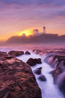York Prints: Sunrise with fog at Nubble Lighthouse, Cape Neddick, Maine, USA