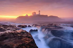 Michael Blanchette Prints: Sunrise with fog at Nubble Lighthouse, Cape Neddick, Maine, USA