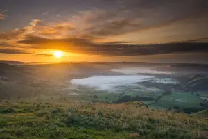 Sunrise over Hope Valley from Mam Tor, Peak District National Park, Derbyshire, England