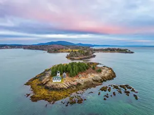 Rockport Prints: Sunrise over Indian Island and lighthouse, Maine, USA