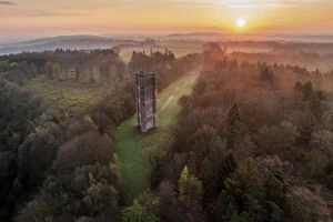 Images Dated 12th June 2023: Sunrise over King Alfred's Tower on the Stourhead Estate, Somerset, England. Spring (April) 2023