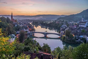 Sunrise above Laufenburg with river Rhine, Southern Black Forest, Baden-Wurttemberg, Germany