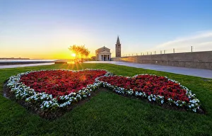 Flowerbed Prints: Sunrise at Madonna dell'Angelo Church, Caorle, Veneto, Italy, Southern Europe