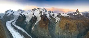 Zermatt Prints: Sunrise over majestic Matterhorn and Gorner Glacier (Gornergletscher), aerial view