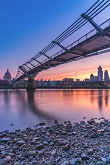 Suspension Bridge Prints: Sunrise over Millennium Bridge, St Pauls Cathedral and financial district