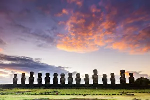 Rapa Nui Prints: Sunrise over Moai at Tongariki, Easter Island, Polynesia, Chile