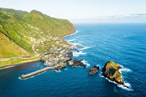 Atlantic Islands Prints: Sunrise over mountains and Porto Moniz village by the ocean, Madeira island, Portugal