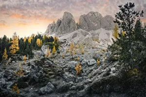 Sunrise in Odle Mountains group with yellow trees, Funes Valley, South Tyrol, Italy