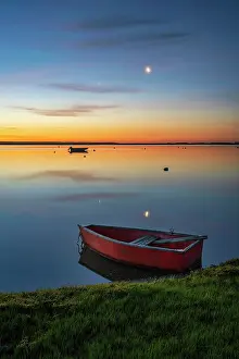 Michael Blanchette Prints: Sunrise and quarter moon over red rowboat at a marsh on Cape Cod, Massachusetts, USA