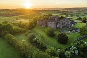 Sunrise over Raglan Castle in the county of Monmouthshire, Wales, UK. Spring (May) 2022