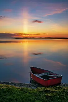 Cape Cod Prints: Sunrise over red rowboat at a marsh on Cape Cod, Massachusetts, USA
