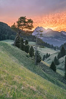 Kastelruth Prints: Sunrise with a red sky at Alpe di Siusi (Seiser Alm), Castelrotto (Kastelruth), Dolomites
