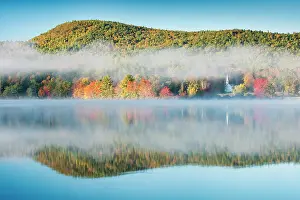 Michael Blanchette Prints: Sunrise reflection on Crystal Lake with fog and white chapel