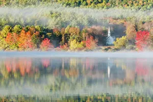 Michael Blanchette Prints: Sunrise reflection on Crystal Lake with fog and white chapel