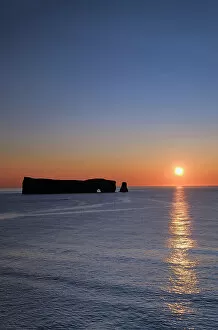 Gaspesie Collection: SUnrise and Rocher perce (Perce Rock) on the Atlantic Ocean Perce Quebec, Canada