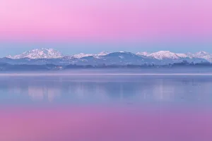 Rosa Prints: Sunrise on Rosa Mount and Alps reflected in Varese lake, Varese province, Lombardy