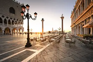 St Mark Square Prints: Sunrise in San Marco Square, with San Giorgio Church on the background