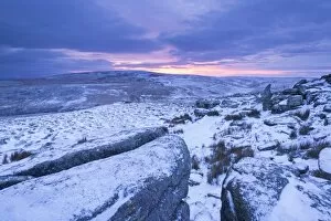 Images Dated 2nd February 2015: Sunrise above a snow covered moorland, Belstone Tor, Dartmoor National Park, Devon, England