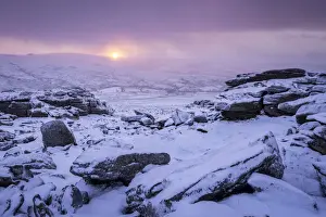 Pilars Prints: Sunrise over snow covered moorland at Great Staple Tor in Dartmoor National Park, Devon