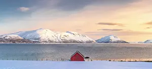 Fjord Prints: Sunrise over snowcapped mountains and a red fisherman cabin along the fjord