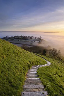 Sunrise over Somerset levels from Glastonbury Tor, Somerset, England