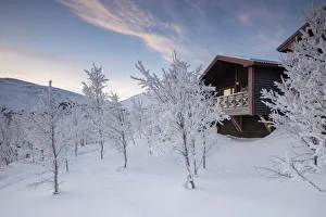 Ski Resort Prints: Sunrise at the typical Bjorkliden houses, Bjorkliden, Norbottens Ian, Sweden, Europe