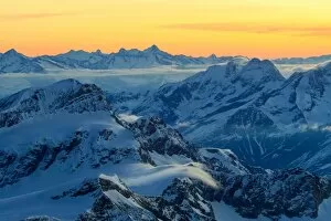 Sunrise view over the Alps from the top of Monte Rosa, Aosta Valley, Italy