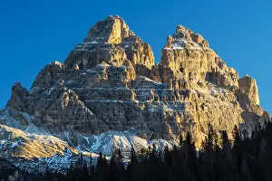 Sunrise view over Tre Cime di Lavaredo or Drei Zinnen mountain peaks in the Dolomites