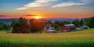 Scenic View Prints: Sunrise over white-steeple church and red barn, Green Mountains, Peacham, Vermont, USA