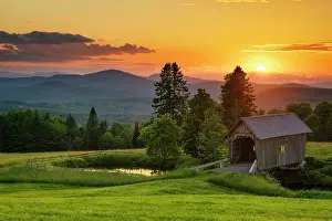 Timber Prints: Sunset over the A.M. Foster Bridge, Green Mountains, Cabot, Vermont, USA