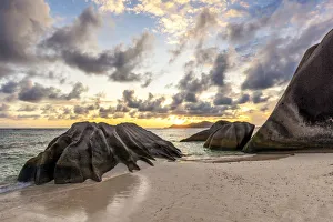 Sunset at Anse Source d Argent, La Digue island, Seychelles, Africa