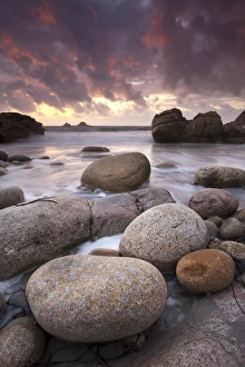 Shores Prints: Sunset over the Atlantic from the shores of Porth Nanven, Cornwall, England. Autumn