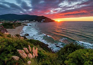 Northern Spain Prints: Sunset over Bakio Beach, Bay Of Biscay, Basque Country, Spain
