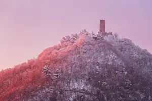 Meteorology Prints: Sunset on Baradello tower (Castel Baradello) after the snowfall, Como city, lake Como