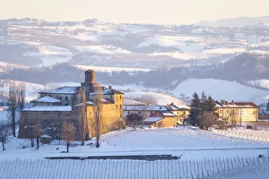 Abandoned Prints: Sunset on the Castello di La Volta in winter. Barolo, Barolo wine region, Langhe