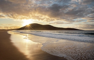Outer Hebrides Prints: Sunset behind Ceapabhal from Scarista Beach, Isle of Harris, Outer Hebrides, Scotland
