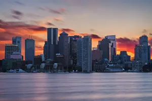Habour Prints: Sunset over city of Boston, Massachusetts, USA