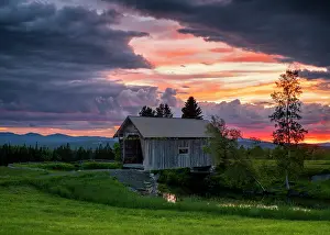 Timber Prints: Sunset clouds over the A.M. Foster Bridge, Green Mountains, Cabot, Vermont, USA