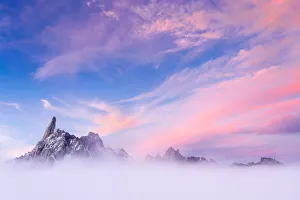 Valle Daosta Prints: Sunset Dent du Geants view with rose clouds, Punta Helbronner (3462m), Mont Blanc