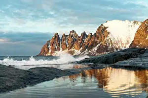 Rough Prints: Sunset over Devil's Teeth sharp snowy pinnacles from Tungeneset