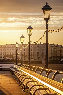 Benches Prints: Sunset at Eastbourne Pier, East Sussex, England