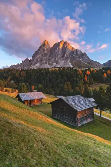 Mountain Hut Prints: Sunset from Erbe pass in autumn, Bolzano province in Trentino Alto Adige, Italy