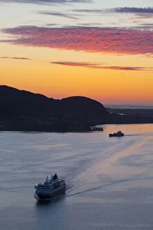 Images Dated 17th November 2010: Sunset over Giske Island & the MS Trollfjord, Sunnmore, More og Romsdal, Norway