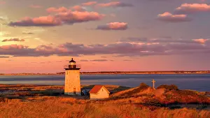 Provincetown Prints: Sunset golden light at Long Point Lighthouse on Cape Cod, Provincetown, Massachusetts, USA