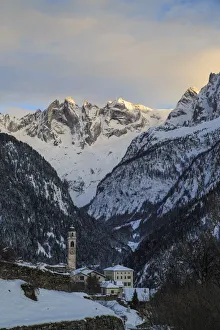 Sciore Prints: Sunset over the granitic peaks of Sciore seen from the village of Soglio. Val Bregaglia